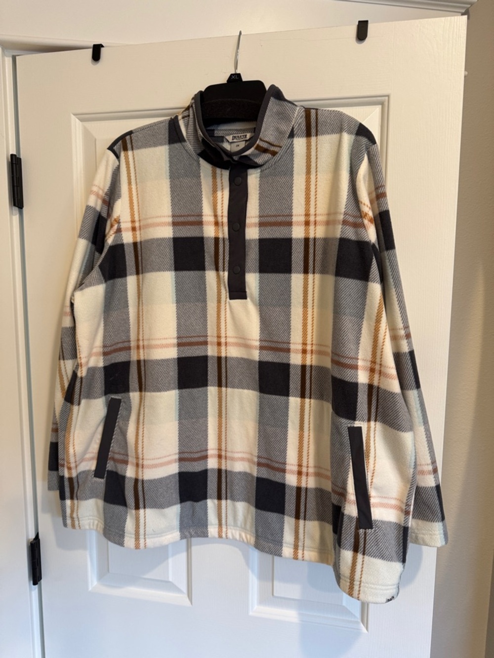 Duluth Trading Co. Plaid Fleece Snap-Front Pullover - Cream, Black & Brown